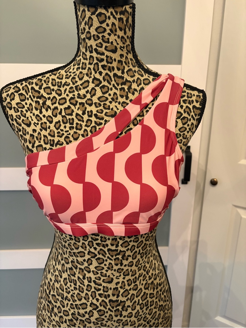 Cupshe Pink & Brown/Red One-Shoulder Geometric Swim Set, Bottoms Included! NWT!!